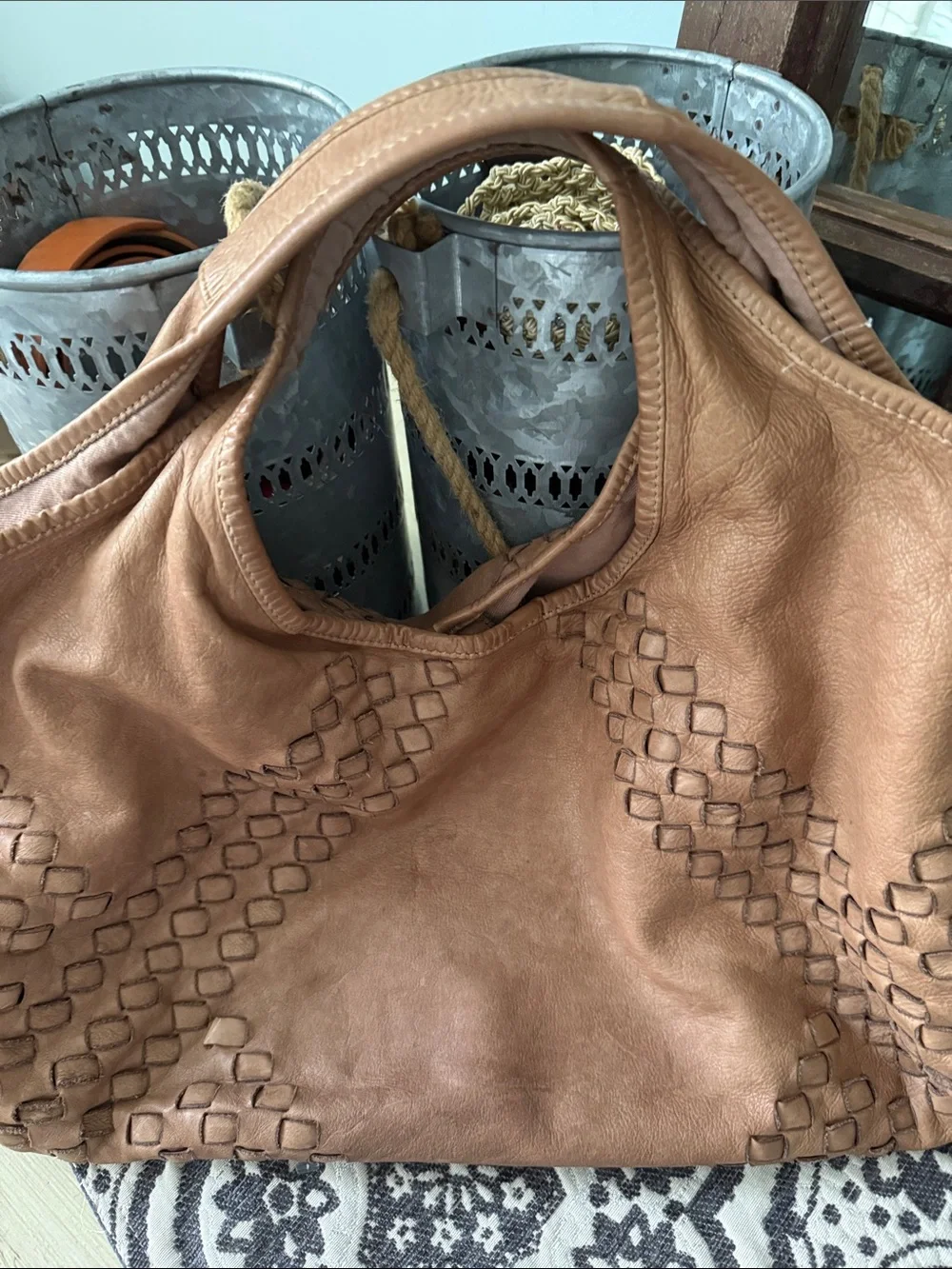 Sundance Brown Woven-Detail Shoulder Bag
